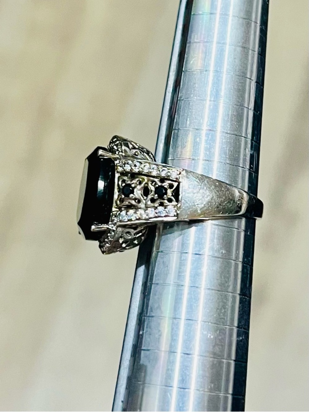 Vintage Sterling Silver Black Onyx Cocktail Ring DP 925 Size 7.25 - Picture 12 of 15